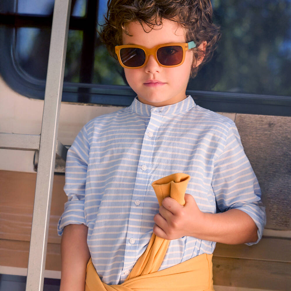 Mayoral-Boys Cotton Shirt with Blue & White Stripes | Childrensalon