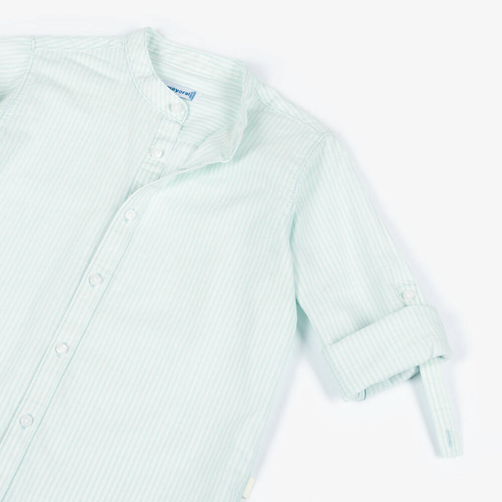 Mayoral-Boys Cotton Shirt with Green & White Stripes | Childrensalon