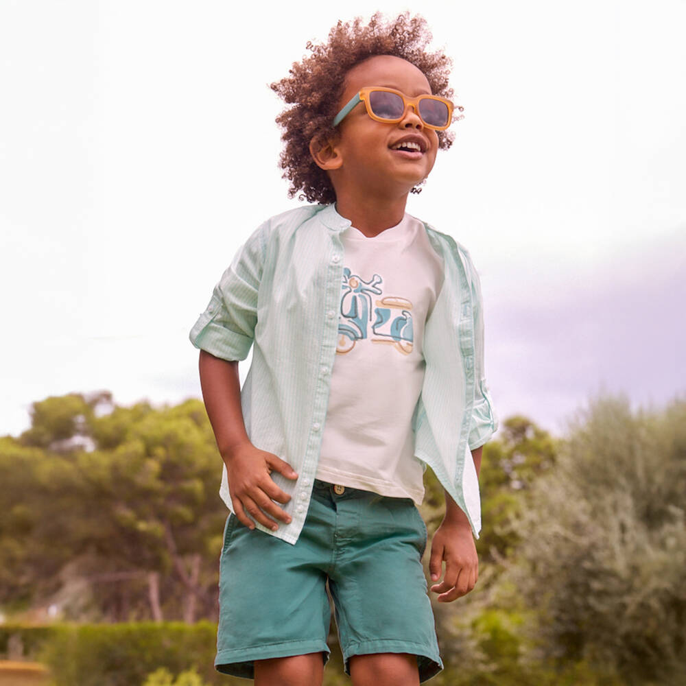 Mayoral-Boys Cotton Shirt with Green & White Stripes | Childrensalon