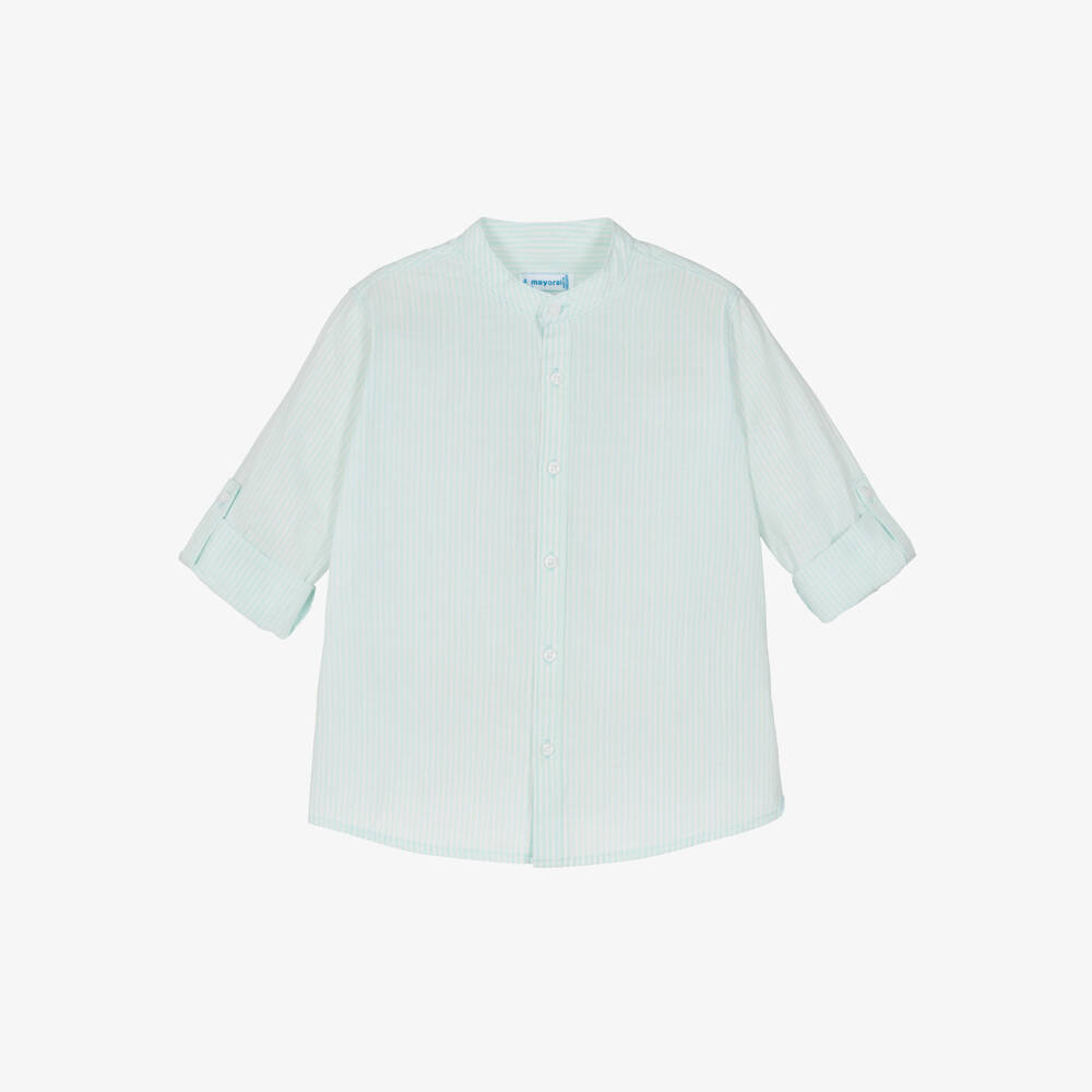 Mayoral-Boys Cotton Shirt with Green & White Stripes | Childrensalon