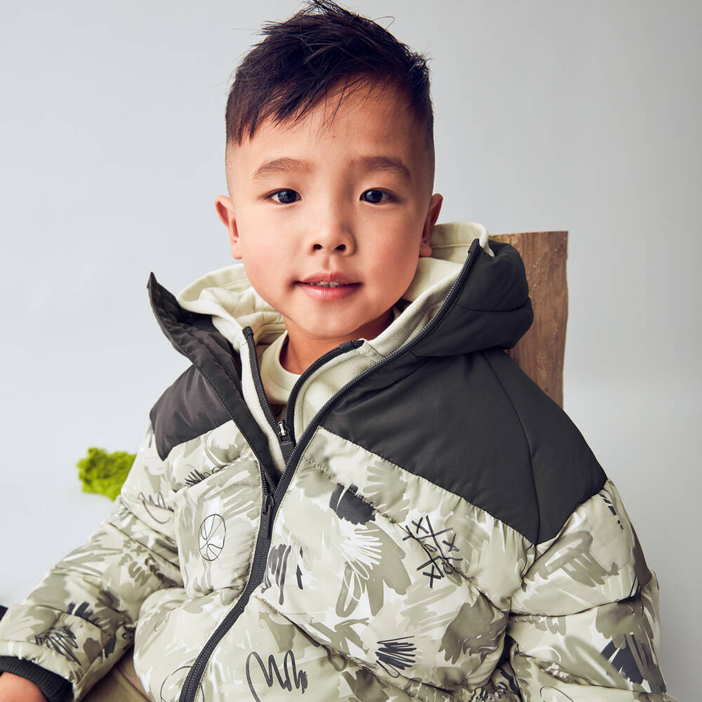 Mayoral-Boys Dark Grey & Beige Puffer Jacket | Childrensalon