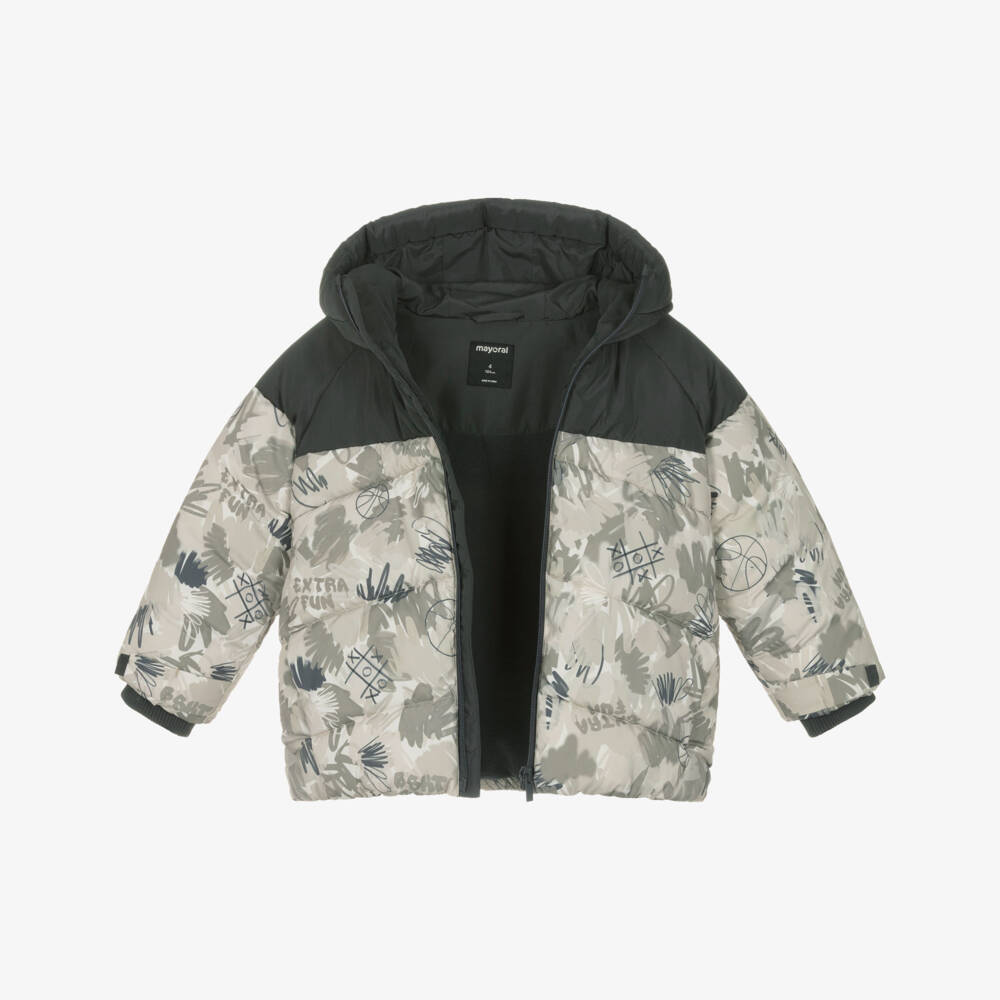 Mayoral-Boys Dark Grey & Beige Puffer Jacket | Childrensalon