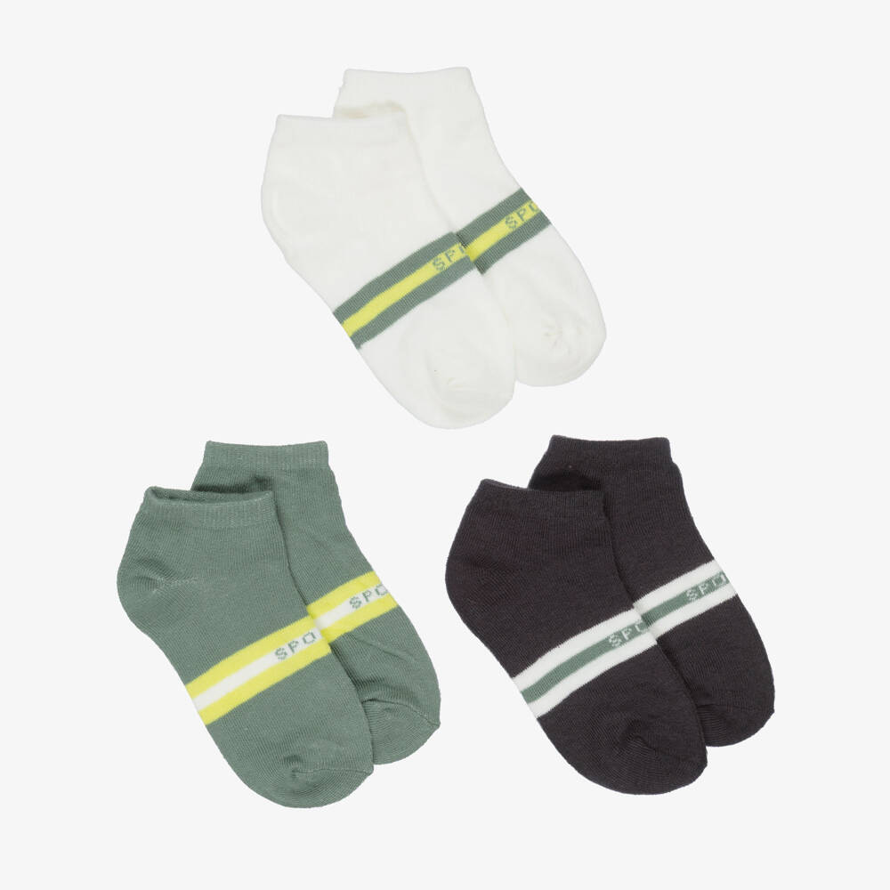 Mayoral-Boys Green & Black Striped Ankle Socks (3 Pack) | Childrensalon