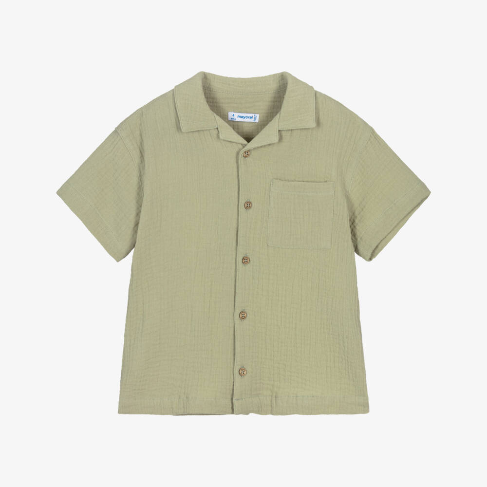 Mayoral-Boys Green Cotton Muslin Short Sleeve Shirt | Childrensalon