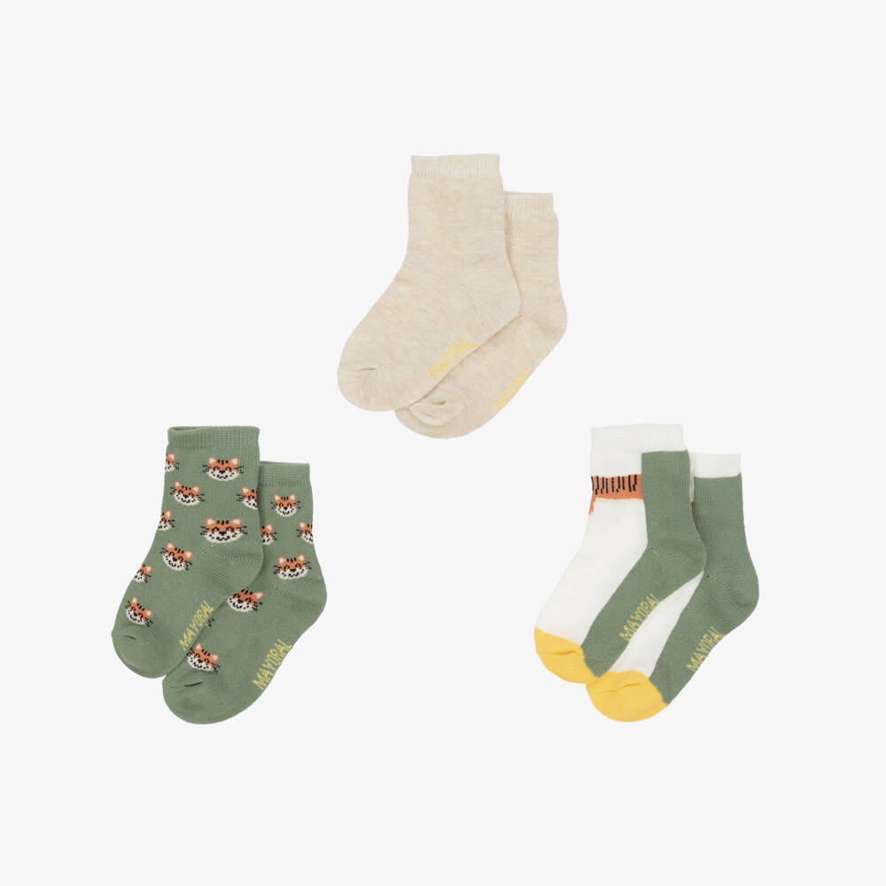 Mayoral-Boys Green Cotton Tiger Socks (3 Pack) | Childrensalon