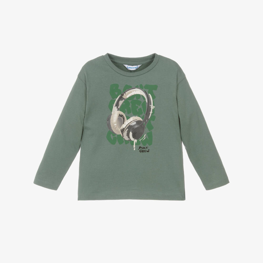 Mayoral-Boys Green Cotton Top with Headphones Motif | Childrensalon