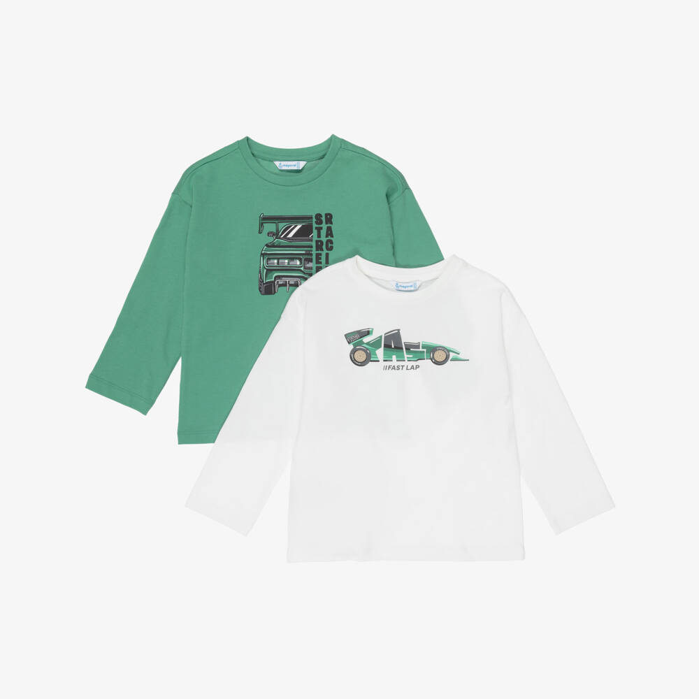 Mayoral-Boys Green & Ivory Car Print Tops (2 Pack) | Childrensalon