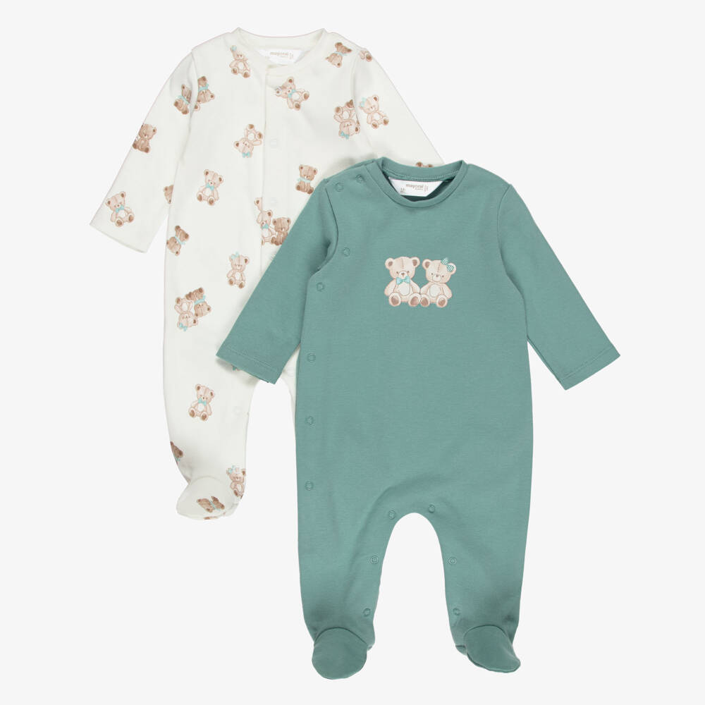 Mayoral Newborn-Boys Green & Ivory Cotton Jersey Teddy Babygrows (2 Pack) | Childrensalon