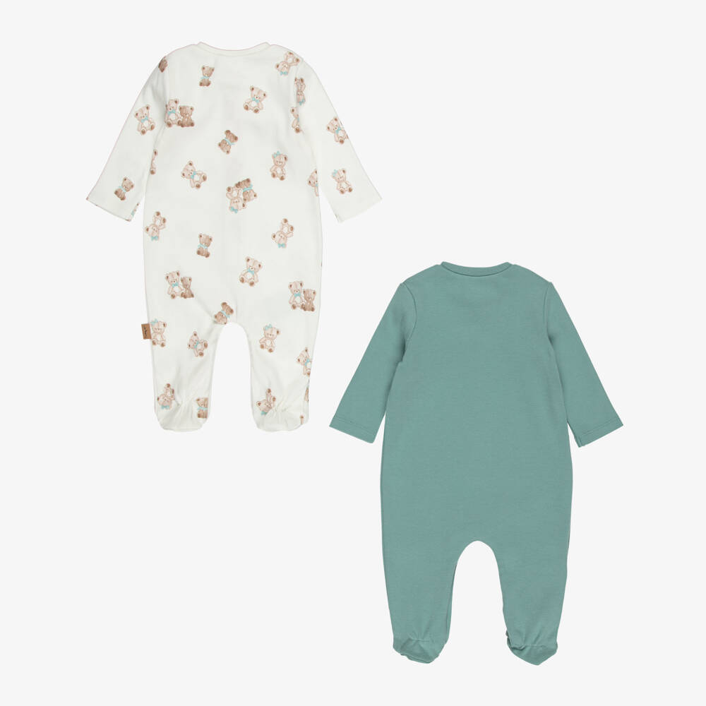 Mayoral Newborn-Boys Green & Ivory Cotton Jersey Teddy Babygrows (2 Pack) | Childrensalon