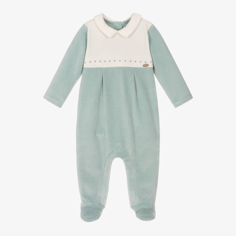 Mayoral Для новорожденных-Boys Green & Ivory Ribbed Velour Babygrow | Childrensalon