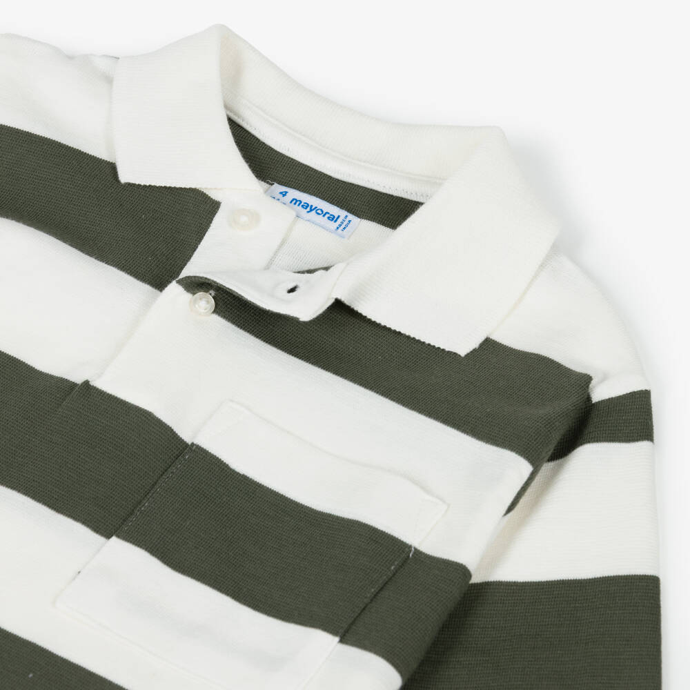 Mayoral-Рубашка поло из хлопкового джерси в зелёно-кремовую полоску для мальчиков | Childrensalon