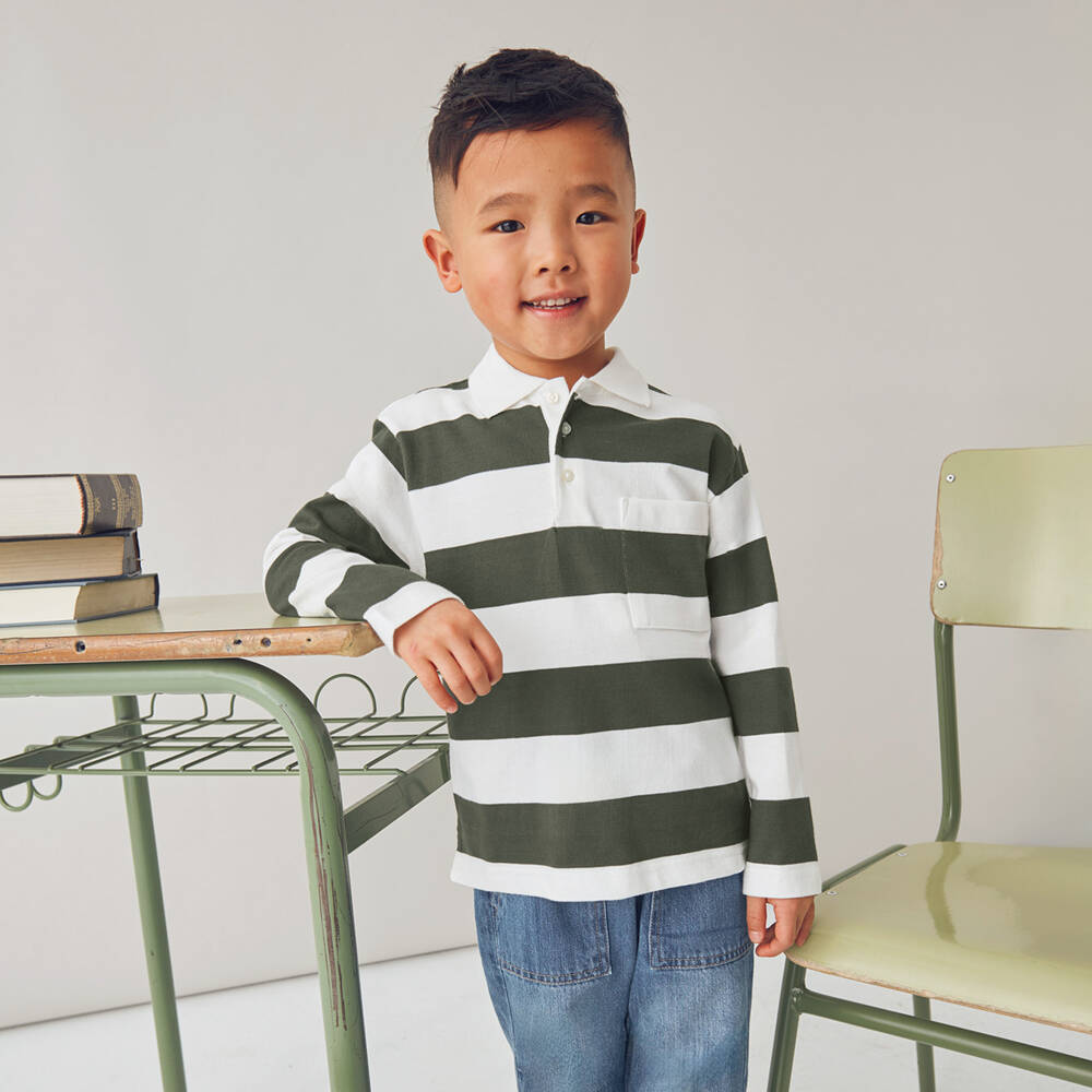 Mayoral-Рубашка поло из хлопкового джерси в зелёно-кремовую полоску для мальчиков | Childrensalon