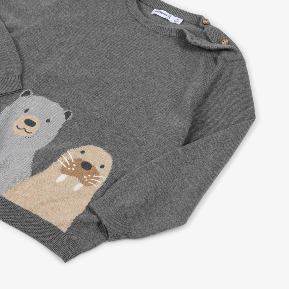 Mayoral-Boys Grey & Beige Cotton Knit Bear & Walrus Trouser Set | Childrensalon