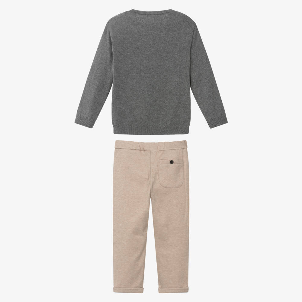 Mayoral-Boys Grey & Beige Cotton Knit Bear & Walrus Trouser Set | Childrensalon