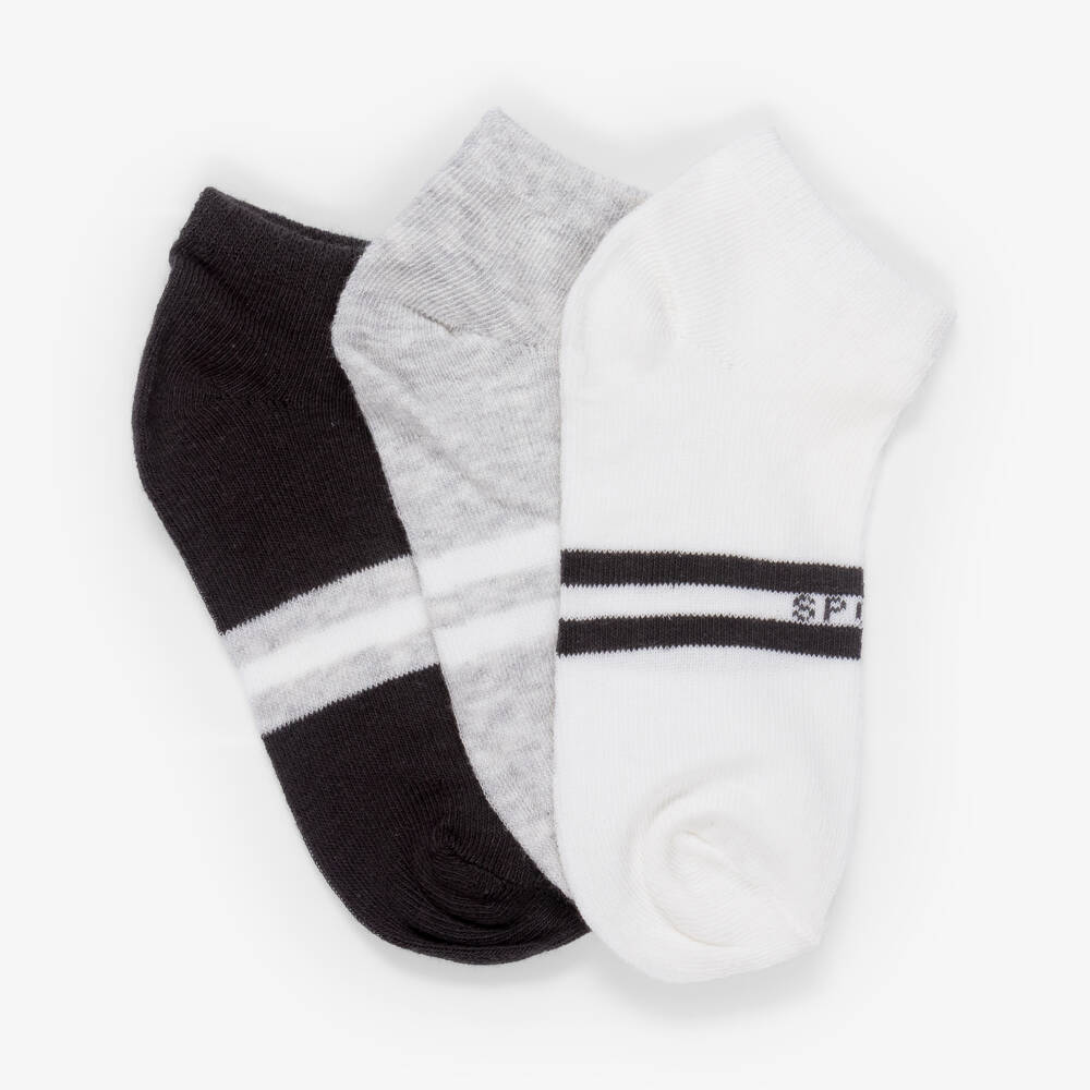 Mayoral-Boys Grey & Black Striped Ankle Socks (3 Pack) | Childrensalon
