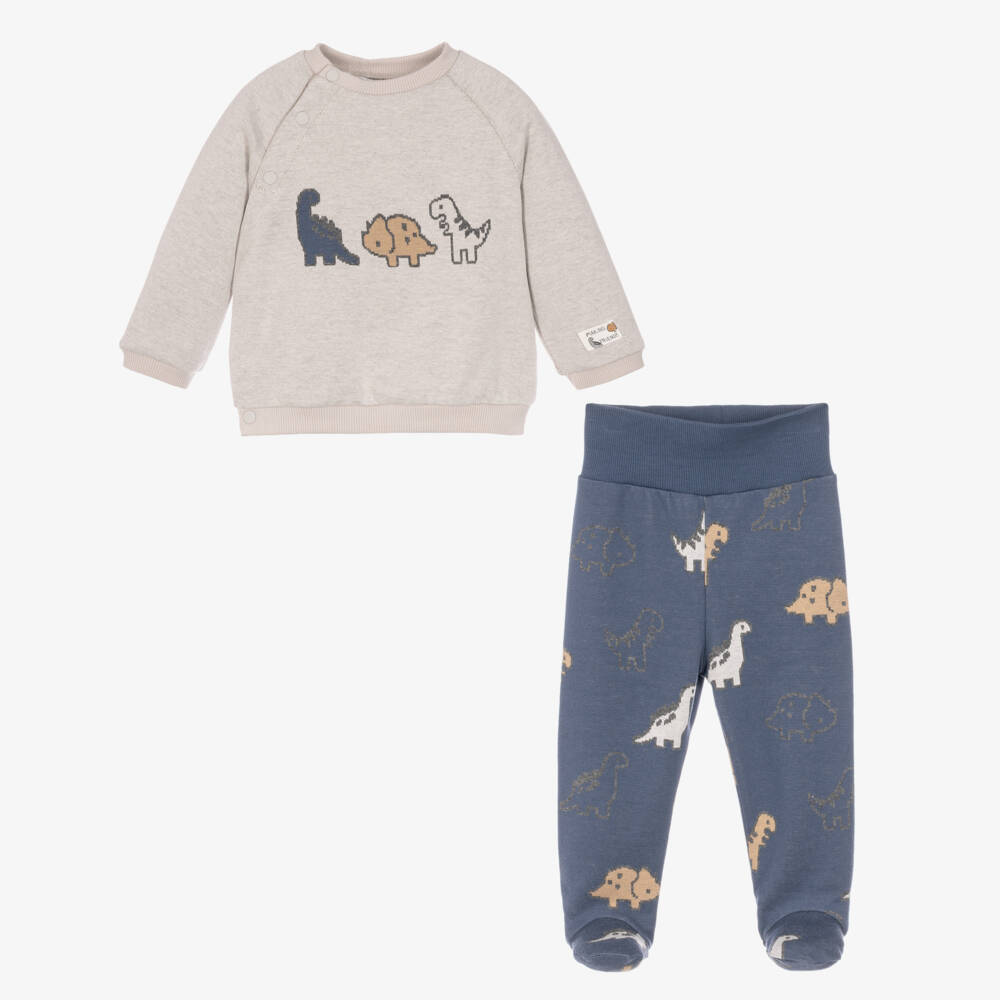 Mayoral Newborn-Boys Grey & Blue 2 Piece Babygrow with Dinosaur Motifs | Childrensalon