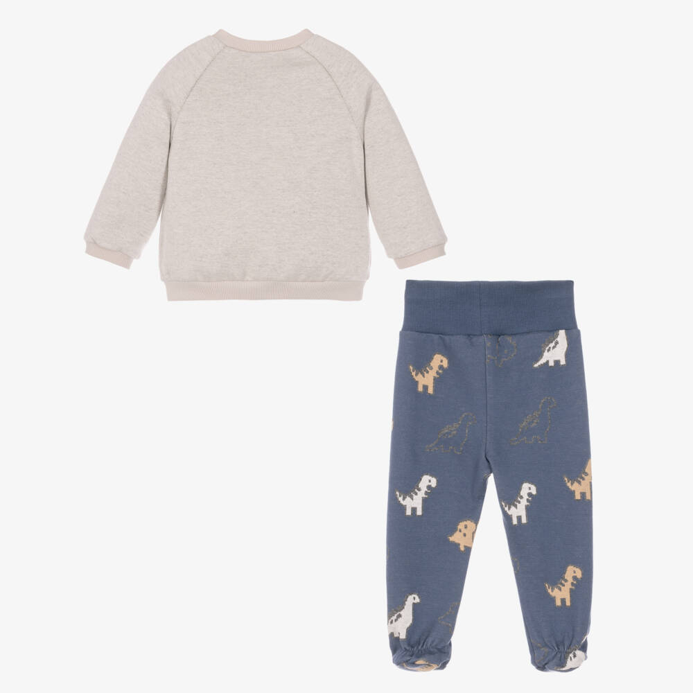 Mayoral Newborn-Boys Grey & Blue 2 Piece Babygrow with Dinosaur Motifs | Childrensalon