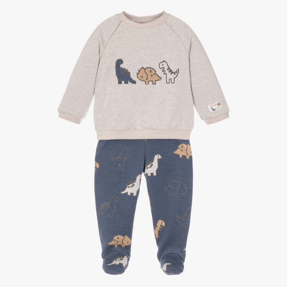 Mayoral Newborn-Boys Grey & Blue 2 Piece Babygrow with Dinosaur Motifs | Childrensalon