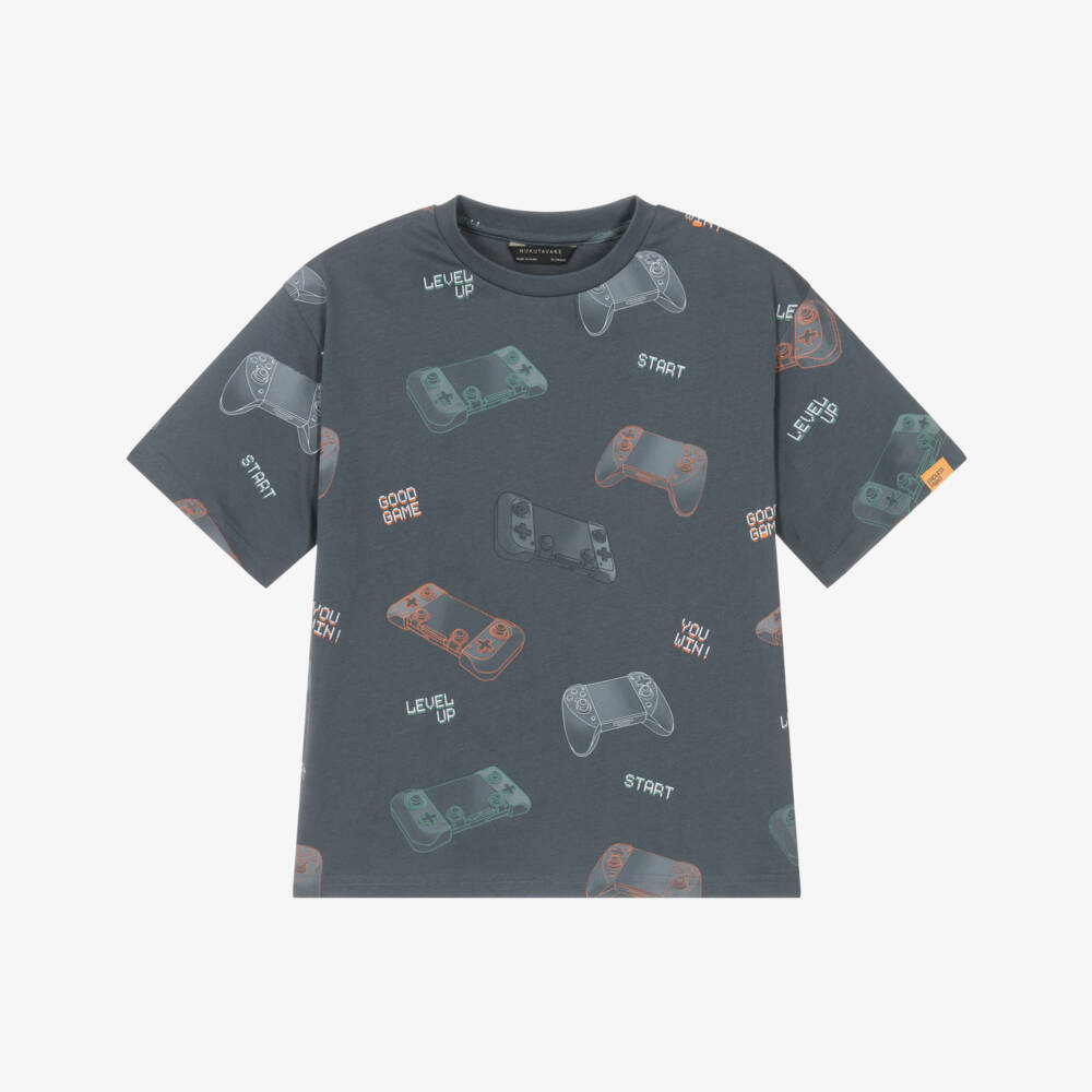 Mayoral Nukutavake-Boys Grey Cotton Jersey T-Shirt with Gaming Console Print | Childrensalon