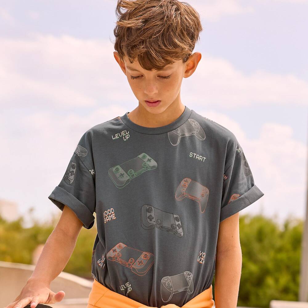 Mayoral Nukutavake-Boys Grey Cotton Jersey T-Shirt with Gaming Console Print | Childrensalon