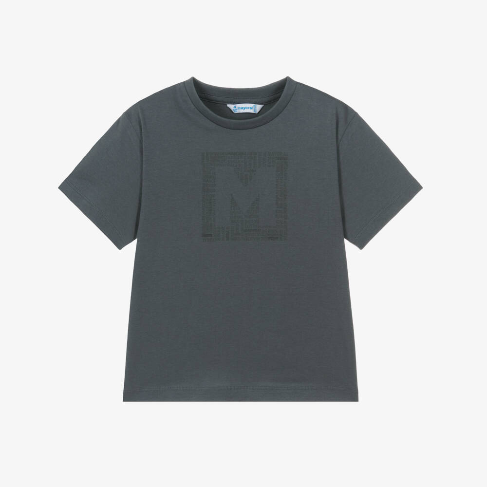 Mayoral-Boys Grey Cotton Jersey T-shirt with Tonal Logo Graphic | Childrensalon