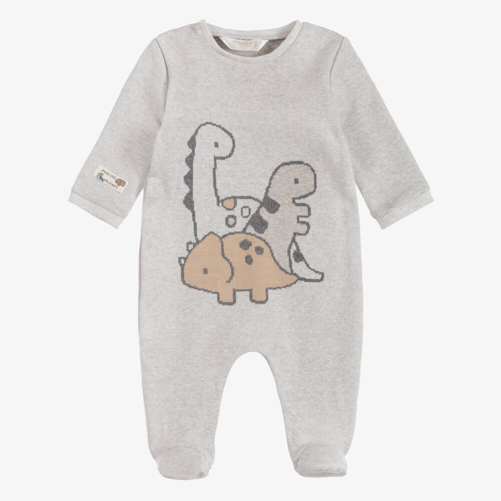 Mayoral Newborn-Boys Grey Cotton Knit Dinosaur Babygrow | Childrensalon