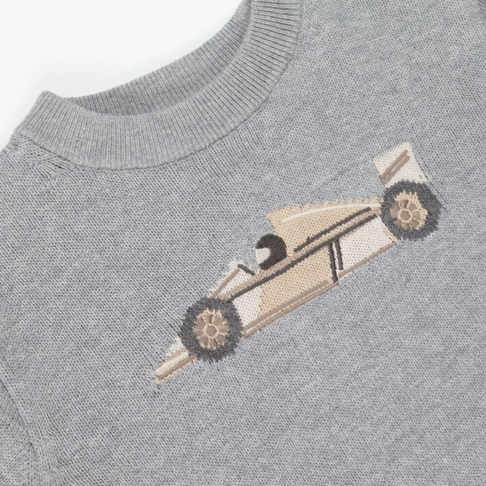 Mayoral-Boys Grey Cotton Knit Sweater with Racing Car Motif | Childrensalon