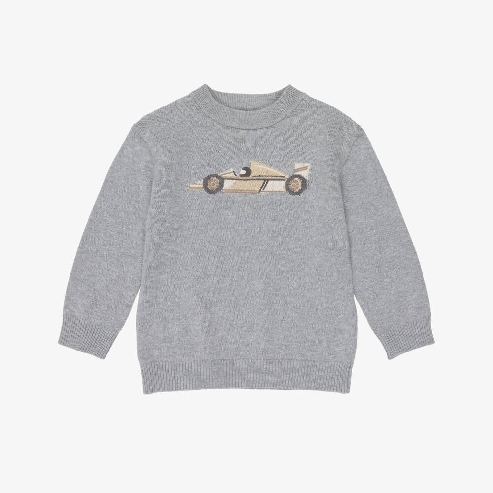 Mayoral-Boys Grey Cotton Knit Sweater with Racing Car Motif | Childrensalon