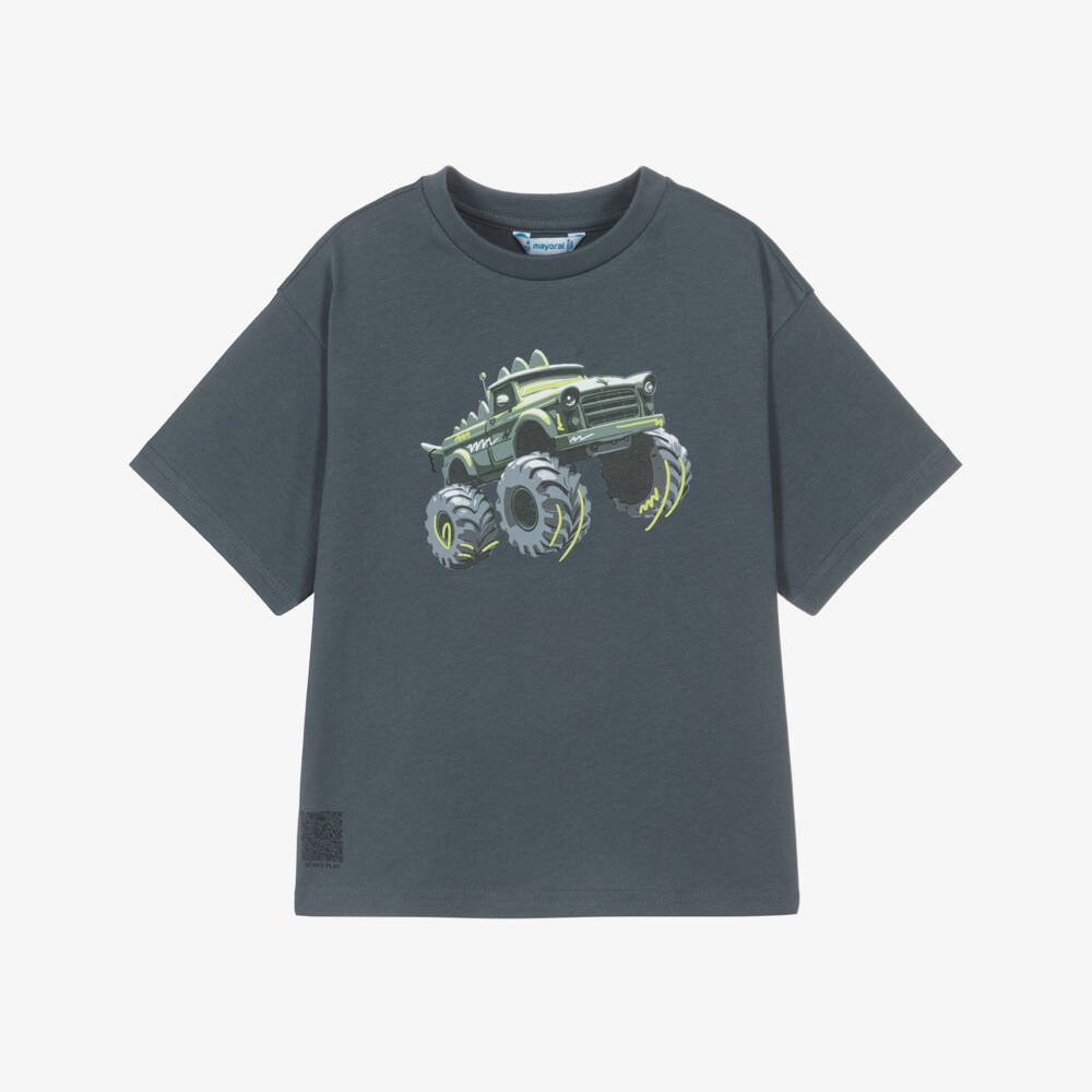 Mayoral-Boys Grey Cotton T-Shirt with Monster Truck Print | Childrensalon