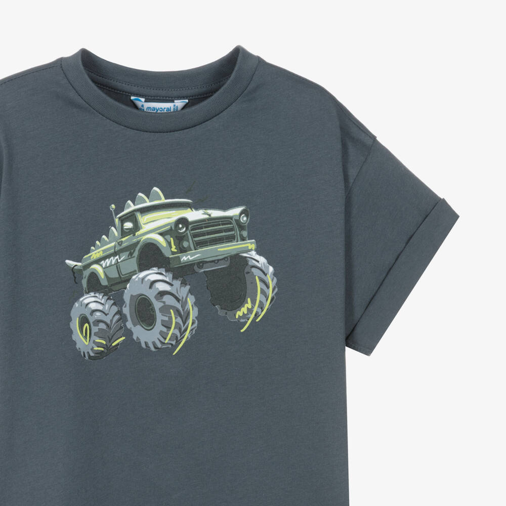 Mayoral-Boys Grey Cotton T-Shirt with Monster Truck Print | Childrensalon