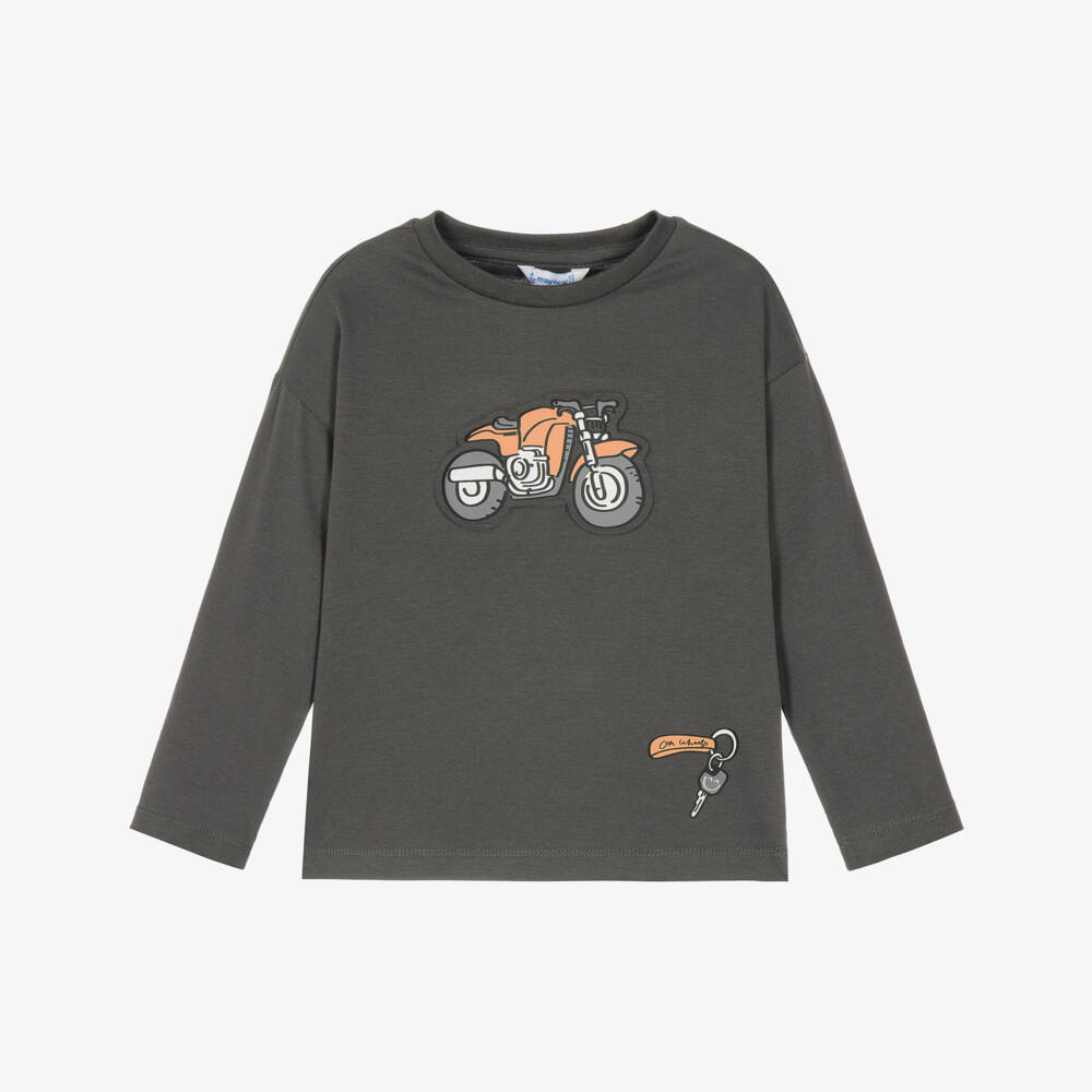 Mayoral-Boys Grey Cotton Top with Motorbike Print | Childrensalon