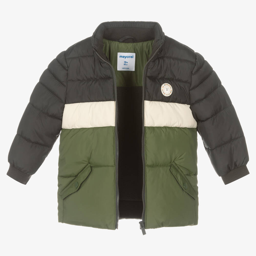 Mayoral-Boys Grey & Green Puffer Coat | Childrensalon