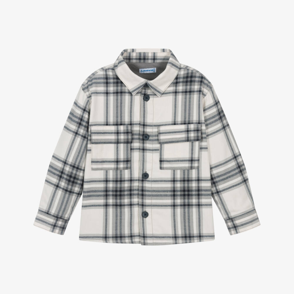 Mayoral-Boys Grey & Ivory Cotton Checked Shacket | Childrensalon