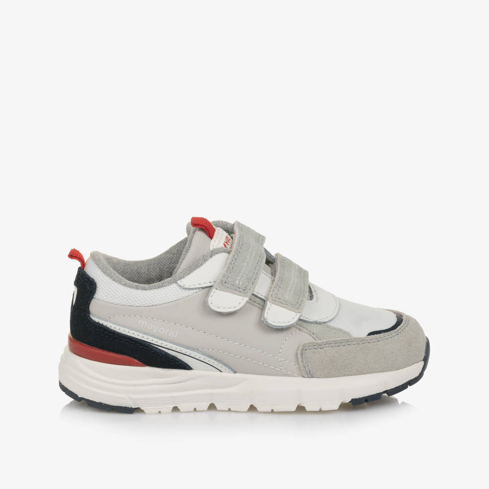 Mayoral-Boys Grey Leather & Textile Velcro Trainers | Childrensalon