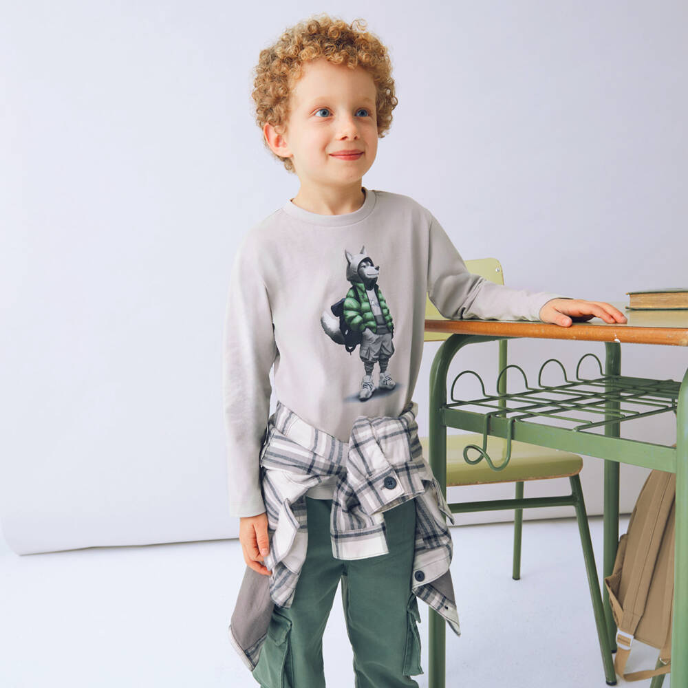Mayoral-Boys Grey Wolf Graphic Cotton Jersey Top | Childrensalon