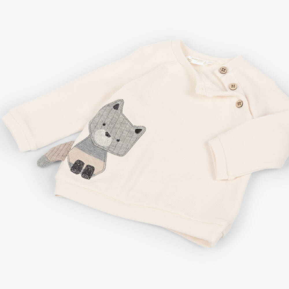 Mayoral Для новорожденных-Boys Ivory & Beige 2 Piece Babygrow with Fox Appliqué | Childrensalon