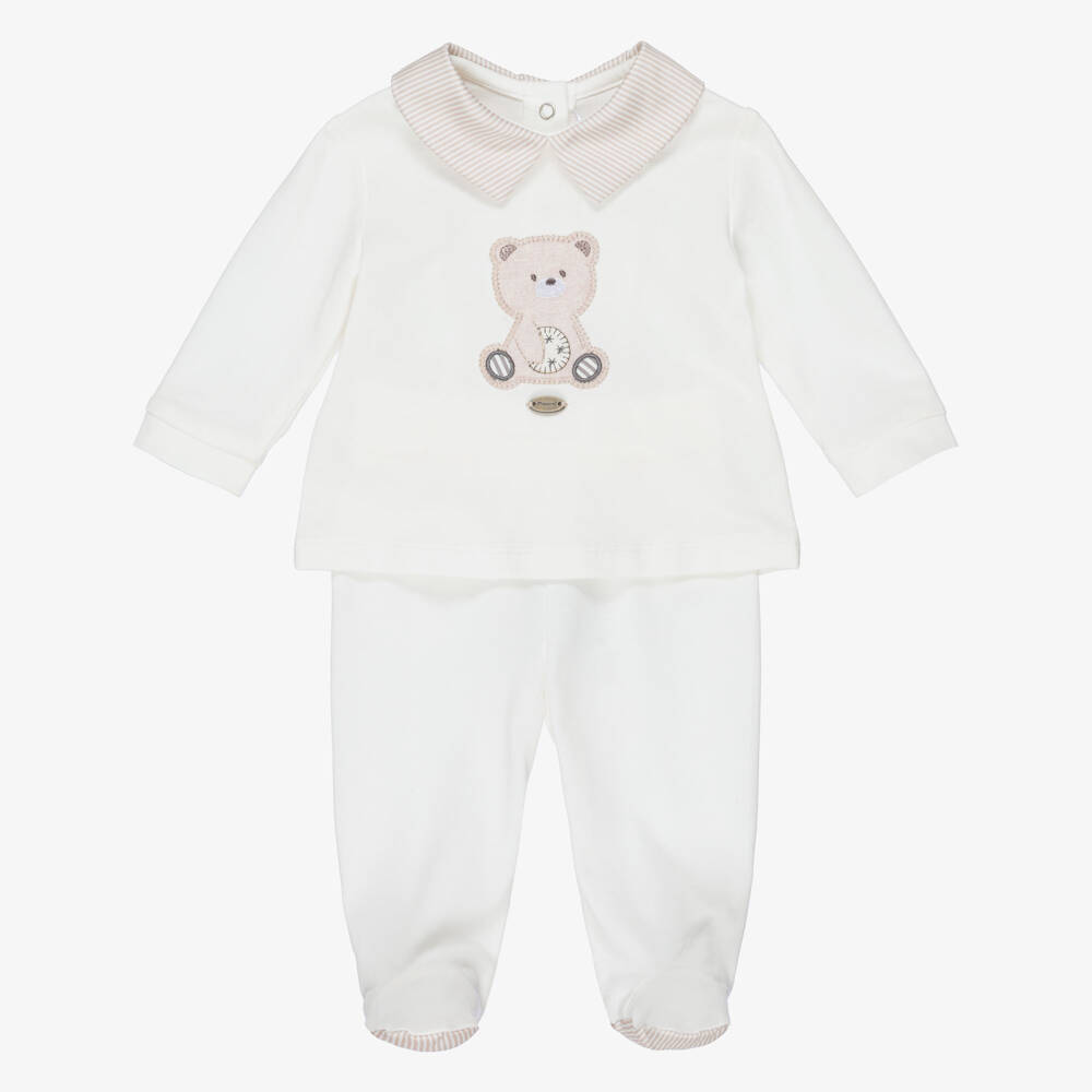 Mayoral Newborn-Boys Ivory & Beige 2 Piece Babygrow with Teddy Bear Motif | Childrensalon
