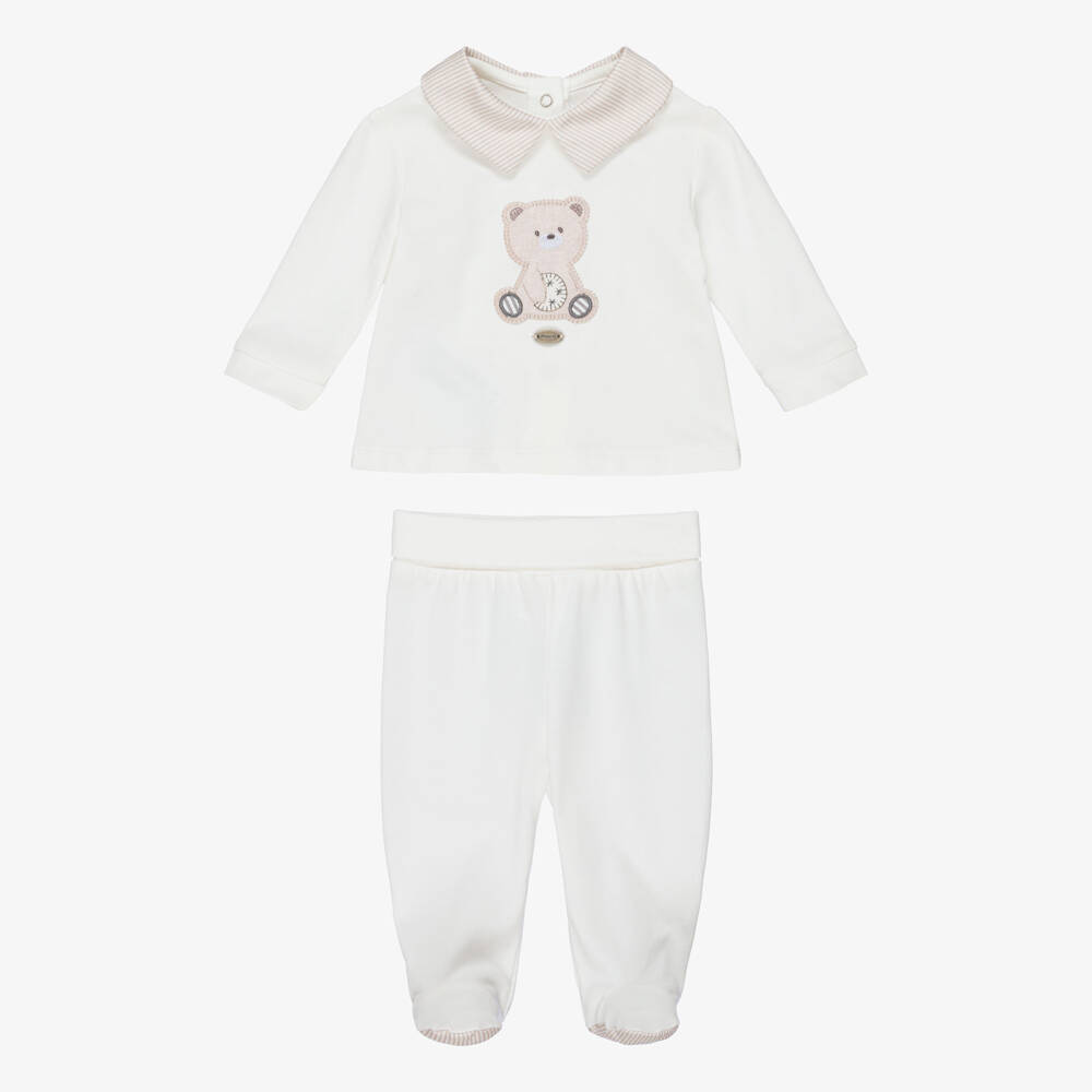 Mayoral Для новорожденных-Boys Ivory & Beige 2 Piece Babygrow with Teddy Bear Motif | Childrensalon
