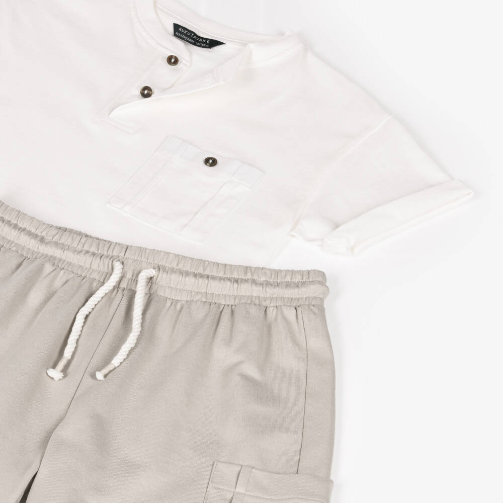 Mayoral Нукутаваке-Boys Ivory & Beige Cotton Jersey Shorts Set | Childrensalon