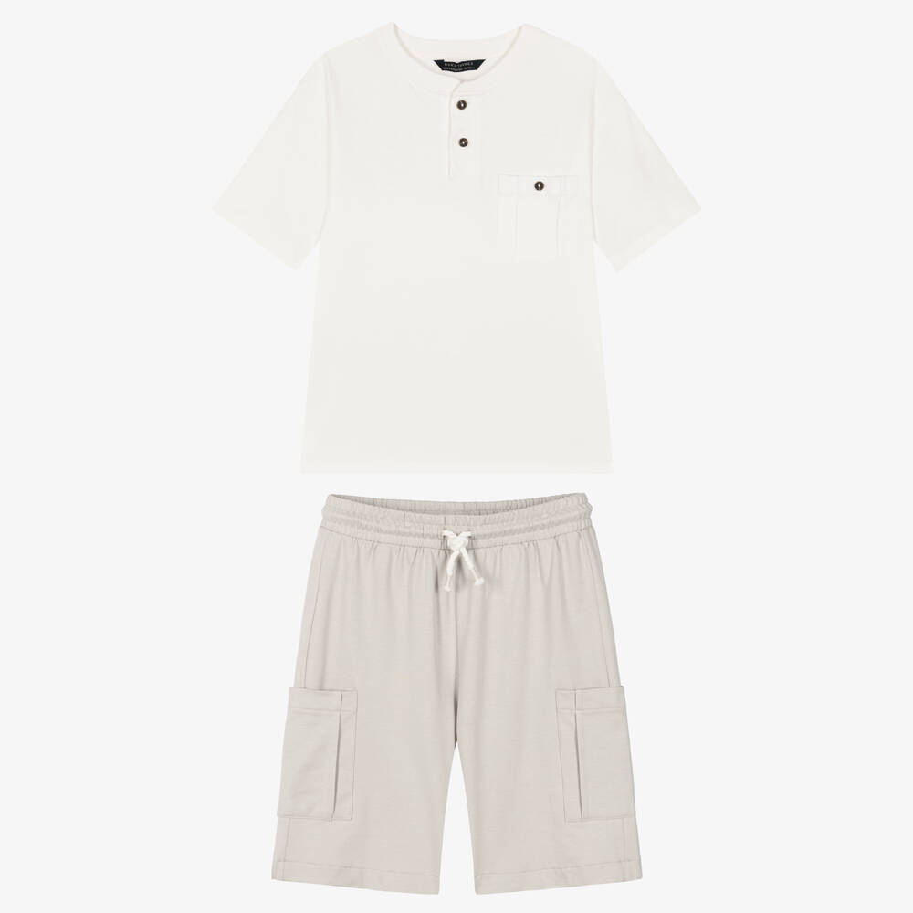 Mayoral Нукутаваке-Boys Ivory & Beige Cotton Jersey Shorts Set | Childrensalon
