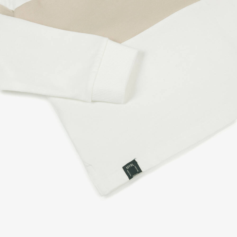 Mayoral-Boys Ivory & Beige Cotton Long-Sleeved Polo Shirt | Childrensalon