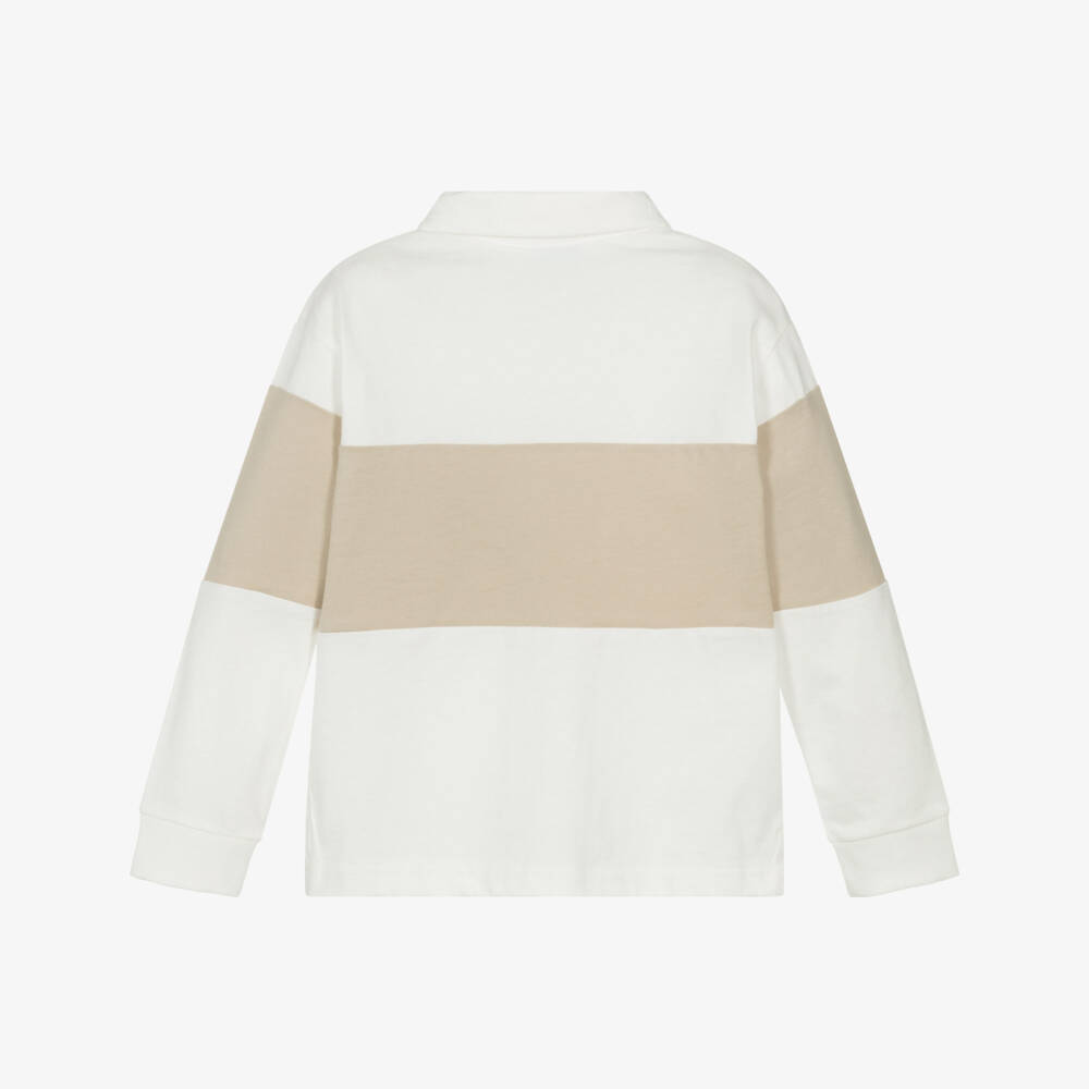 Mayoral-Boys Ivory & Beige Cotton Long-Sleeved Polo Shirt | Childrensalon