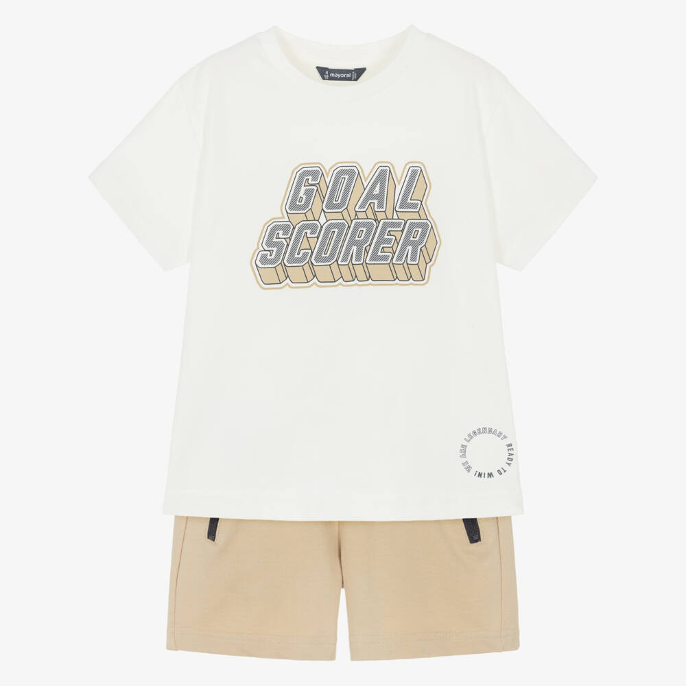 Mayoral-طقم شورت قطن لون عاجي وبيج للأولاد | Childrensalon
