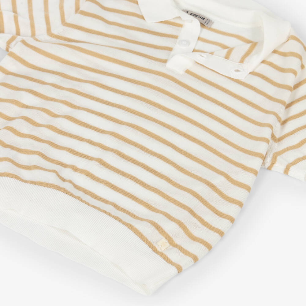 Mayoral-Boys Ivory & Beige Stripe Knitted Cotton Polo Shirt | Childrensalon