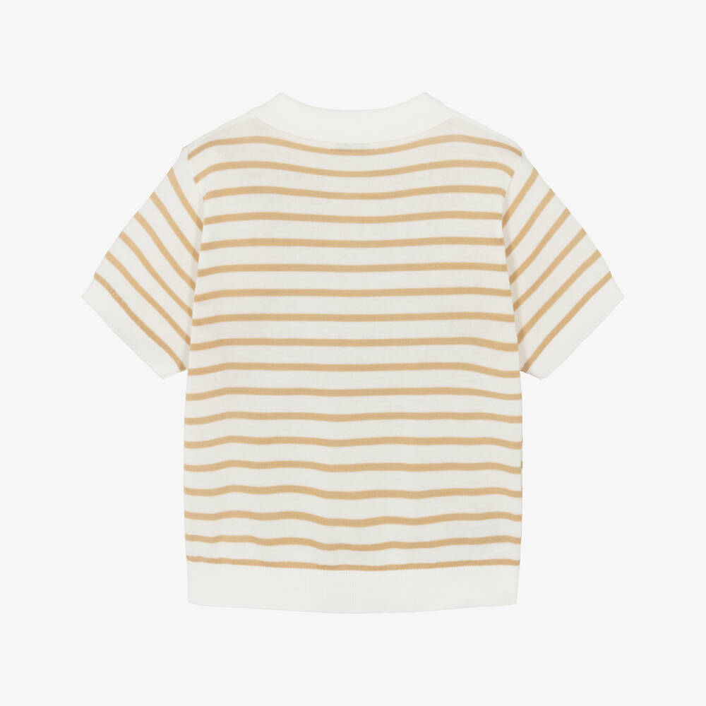 Mayoral-Boys Ivory & Beige Stripe Knitted Cotton Polo Shirt | Childrensalon