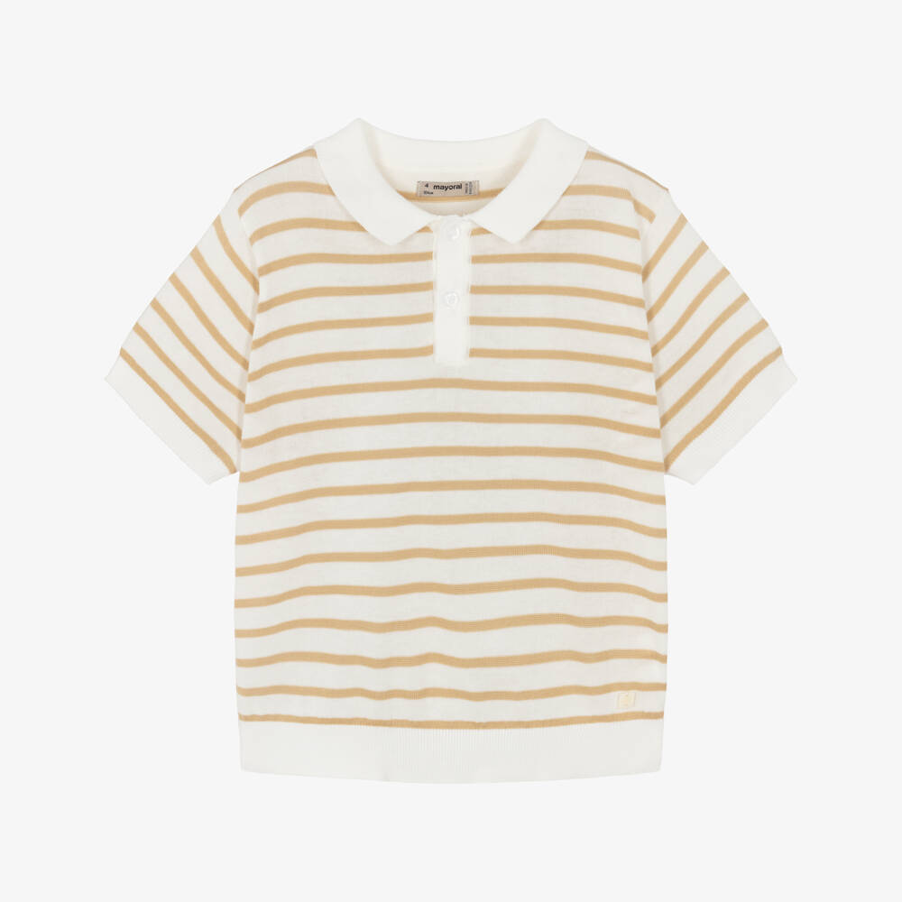 Mayoral-Boys Ivory & Beige Stripe Knitted Cotton Polo Shirt | Childrensalon