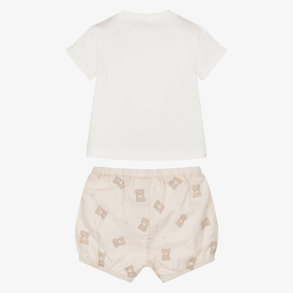 Mayoral Newborn-طقم شورت بطبعة دب تيدي لون عاجي وبيج للأولاد الرضع | Childrensalon
