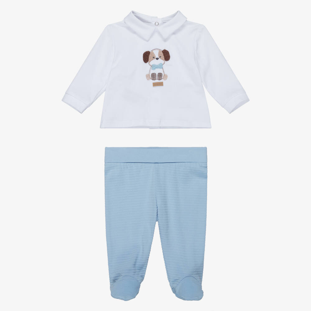 Mayoral Для новорожденных-Boys Ivory & Blue 2 Piece Babygrow with Puppy Motif | Childrensalon