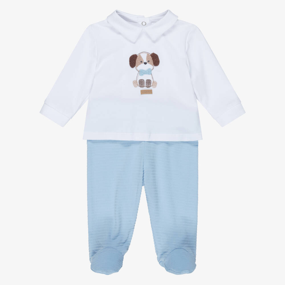 Mayoral Для новорожденных-Boys Ivory & Blue 2 Piece Babygrow with Puppy Motif | Childrensalon