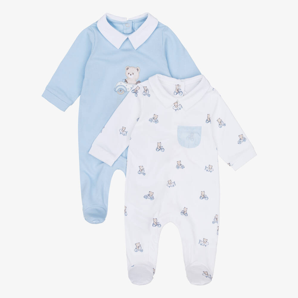 Mayoral Newborn-أفارول بيبي غرو بطبعة دب تيدي قطن لون أزرق وعاجي للأولاد الرضع (عدد 2) | Childrensalon